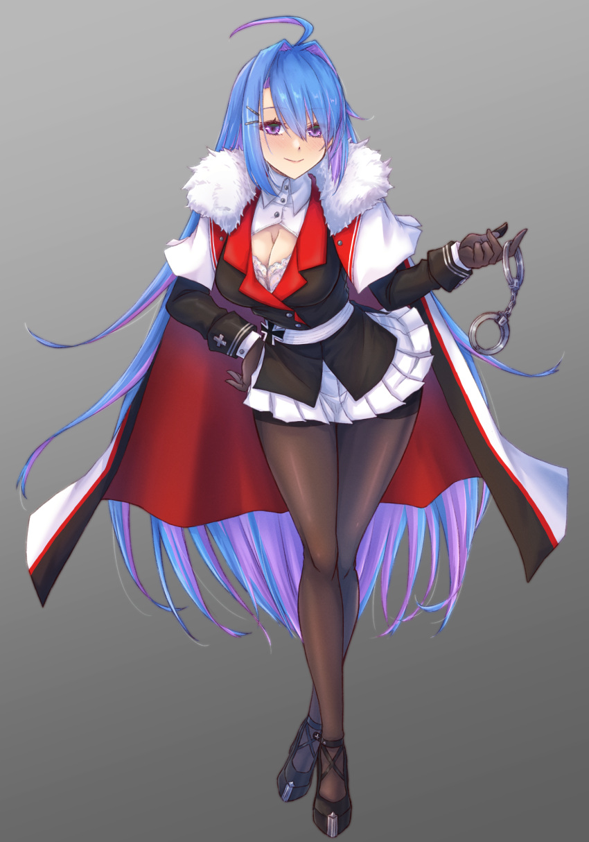 1girl azur_lane belt black_gloves black_jacket blue_hair blush breasts cape cleavage cosplay cross crossed_legs cuffs fur-trimmed_cape fur_trim gloves graf_zeppelin_(azur_lane) graf_zeppelin_(azur_lane)_(cosplay) hair_between_eyes hair_ornament hair_over_one_eye hairclip hand_on_own_hip hand_up handcuffs helena_(azur_lane) high_heels highres holding holding_handcuffs iron_cross jacket leaning_forward legs long_hair long_sleeves looking_at_viewer medium_breasts military_jacket multicolored_hair pantyhose pleated_skirt purple_eyes purple_hair simple_background skirt smile solo standing thighs two-tone_hair very_long_hair waa!_okami white_belt white_skirt