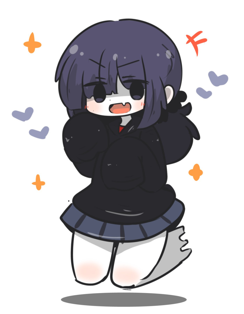 +++ 1girl :d black_hoodie blush commentary_request dissolving eyes_visible_through_hair fang grey_skirt hair_over_one_eye heart highres hood hood_down hoodie long_hair long_sleeves original pale_skin pleated_skirt purple_eyes purple_hair shadow simple_background skirt sleeves_past_fingers sleeves_past_wrists smile solo sparkle uni_souchou v-shaped_eyebrows white_background