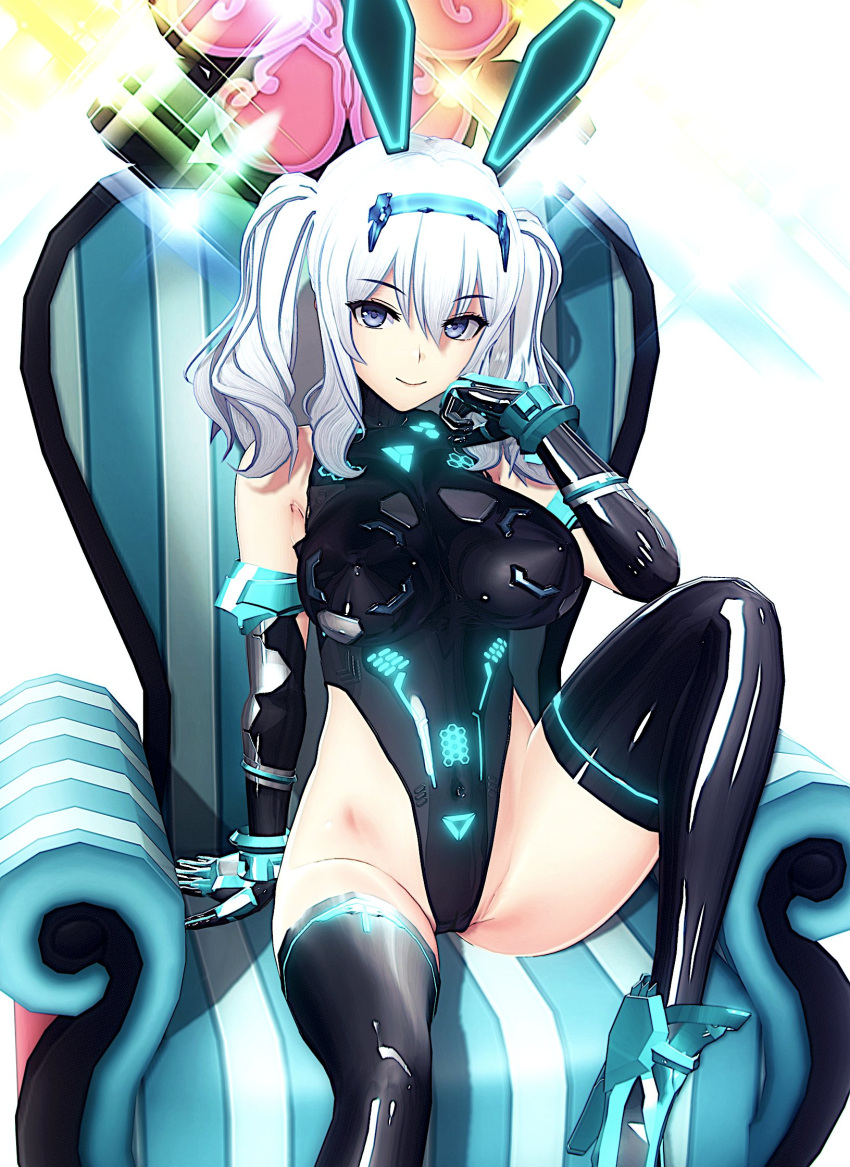 1girl alternate_costume animal_ears black_leotard blue_eyes blush breasts covered_navel detached_collar elbow_gloves fake_animal_ears gloves gr_sword grey_hair highres kantai_collection kashima_(kancolle) large_breasts leotard lights long_hair looking_at_viewer mechanical_ears playboy_bunny rabbit_ears sitting smile solo sparkle_background turtleneck_leotard twintails wavy_hair