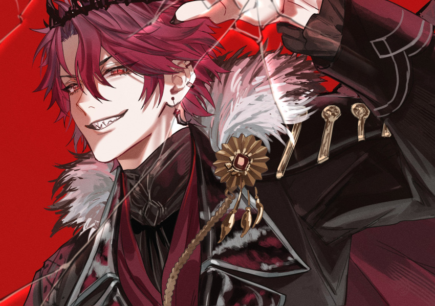 1boy arm_up coat crack cracked_glass crown earrings fur-trimmed_coat fur_trim hair_between_eyes highres holoarmis holostars holostars_english isal_(lasi) jewelry jurard_t_rexford looking_at_viewer male_focus open_clothes open_coat red_background red_eyes red_hair sharp_teeth short_hair slit_pupils smile solo teeth upper_body virtual_youtuber