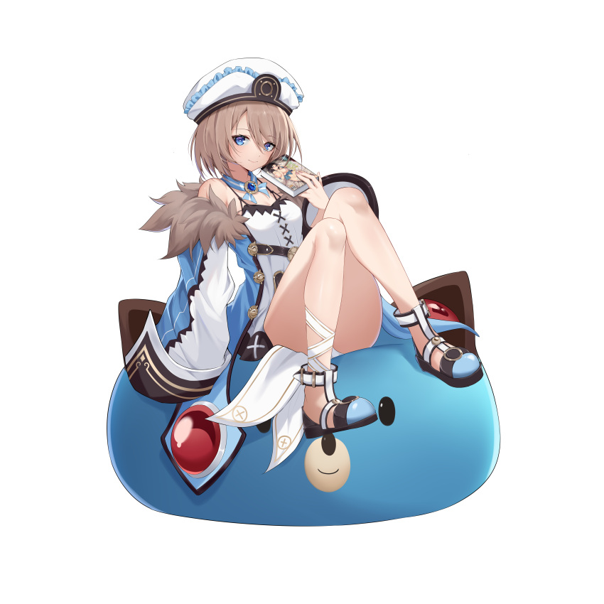 1girl absurdres artist_request bare_shoulders blanc_(neptune_series) blue_eyes book breasts brown_hair coat commission dogoo dress full_body fur-trimmed_coat fur_trim hat highres holding holding_book neptune_(series) open_mouth panties small_breasts solo underwear white_dress white_panties