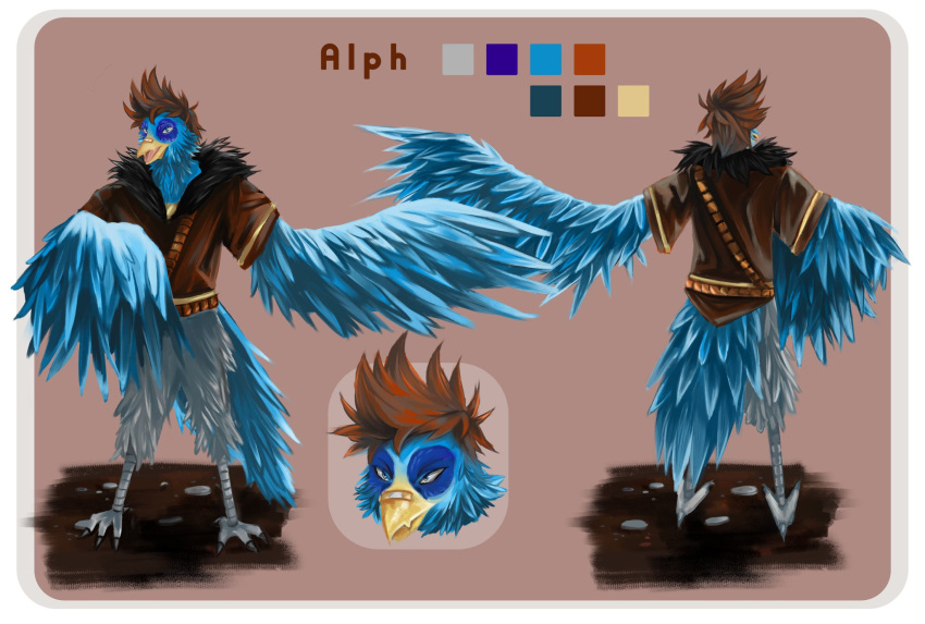 2021 4_toes alph_(bakugan2556) anthro avian bandage beak bird blue_body blue_eyes blue_feathers brown_hair cheek_tuft claws clothed clothing digital_drawing_(artwork) digital_media_(artwork) dirt facial_markings facial_tuft feathers feet fluffy fluffy_legs furred_clothing grey_body grey_feathers hair head_markings hi_res hydr4nge4 long_tail male markings model_sheet multicolored_body multicolored_clothing multicolored_feathers pantsless pantsless_anthro pantsless_male partially_clothed pink_tongue rear_view rock shirt short_hair smile solo spiky_hair square tail tail_feathers talons text toes tongue toothed_beak topwear tuft winged_arms wings