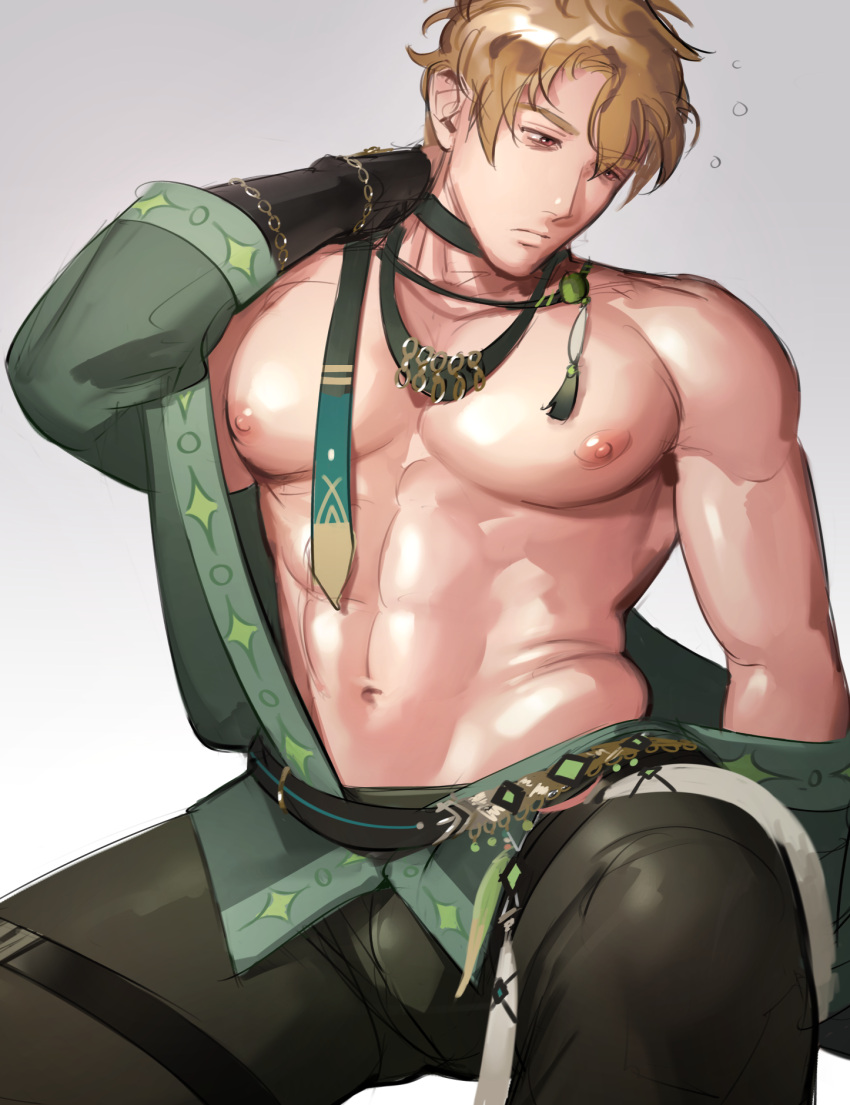 1boy abs bara bare_pectorals black_choker black_pants blonde_hair choker closed_mouth green_jacket grey_background highres jacket large_pectorals male_focus muscular muscular_male navel necktie nipples nu_carnival obtish4ld open_clothes open_jacket pants pectorals quincy_(nu_carnival) short_hair simple_background sitting solo