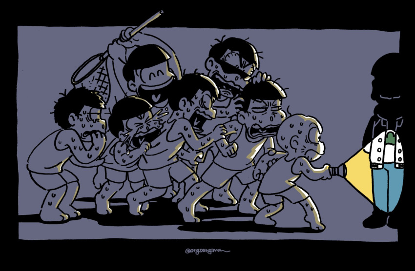 &gt;_&lt; 6+girls biting brothers butterfly_net chibita clenched_teeth clinging closed_eyes crying flashlight hand_net jacket kamimatsu letterman_jacket male_focus matsuno_choromatsu matsuno_ichimatsu matsuno_jyushimatsu matsuno_karamatsu matsuno_osomatsu matsuno_todomatsu multiple_boys multiple_girls nail_biting osomatsu-san sextuplets shirt shorts siblings sleeveless sleeveless_shirt smile snot softowel sunglasses sweat tears teeth wavy_mouth