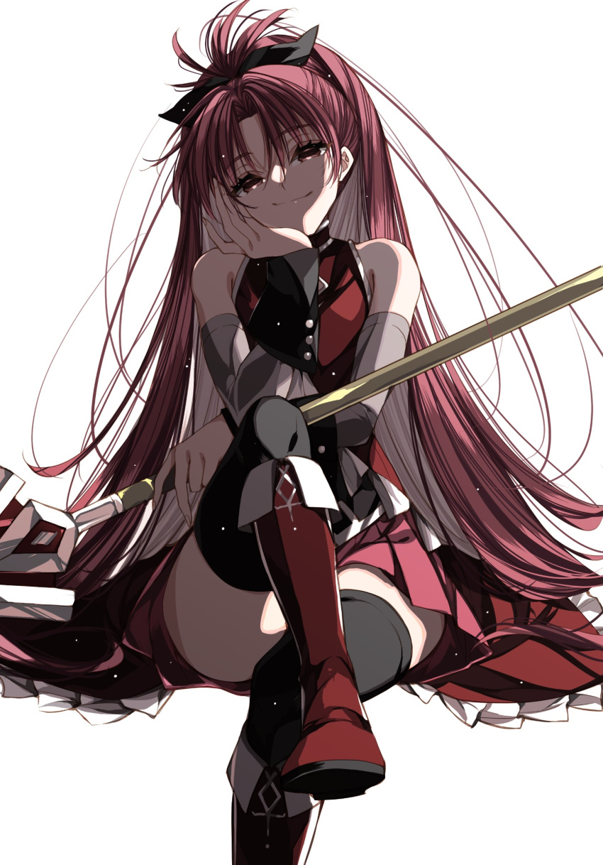 1girl bare_shoulders crossed_legs hand_on_own_cheek hand_on_own_face highres magical_girl mahou_shoujo_madoka_magica misteor polearm ponytail red_eyes red_hair sakura_kyouko skirt smile solo spear thighhighs weapon white_background