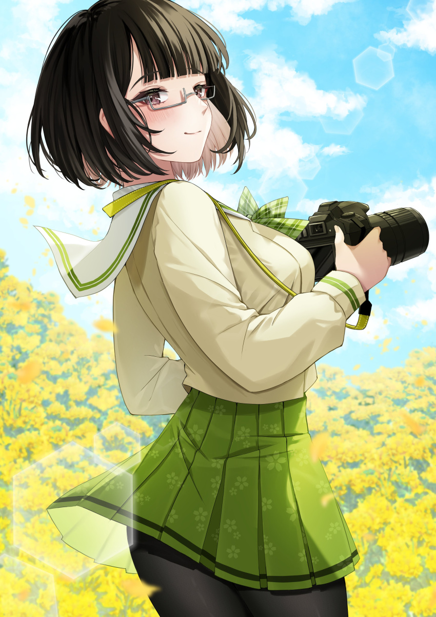 1girl absurdres black_hair black_pantyhose blunt_bangs blush bob_cut bow bowtie breasts brown_eyes brown_hair camera cloud colored_inner_hair day flower from_side glasses green_bow green_bowtie green_skirt highres holding holding_camera large_breasts lens_flare long_sleeves looking_at_viewer looking_back miniskirt multicolored_hair nanachacof nijisanji outdoors pantyhose plaid plaid_bow pleated_skirt sailor_collar school_uniform seductive_smile semi-rimless_eyewear seto_miyako shirt short_hair skirt skirt_flip sky smile solo under-rim_eyewear virtual_youtuber white_sailor_collar yellow_flower yellow_shirt