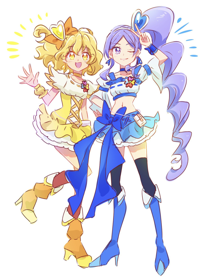 2girls aono_miki blonde_hair blue_bow blue_choker blue_footwear blue_skirt blue_thighhighs boots bow choker commentary cure_berry cure_pine dress drill_hair earrings eyelashes fpminnie1 fresh_precure! frilled_dress frilled_skirt frills hair_bow hair_ornament hairband happy heart heart_hair_ornament high_heel_boots high_heels high_ponytail high_side_ponytail highres jewelry knee_boots layered_skirt long_hair looking_at_viewer magical_girl medium_hair midriff multiple_girls navel one_eye_closed orange_bow orange_footwear ponytail precure puffy_short_sleeves puffy_sleeves purple_eyes purple_hair short_sleeves side_ponytail simple_background sketch skirt smile standing symbol-only_commentary thighhighs thighs v white_background wrist_cuffs yamabuki_inori yellow_choker yellow_dress yellow_eyes zettai_ryouiki