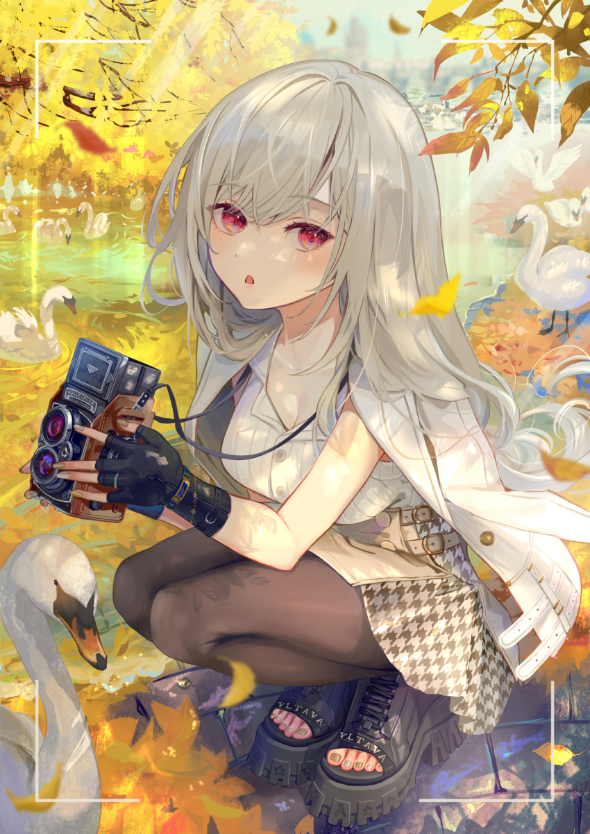 1girl :o animal autumn_leaves bird black_footwear black_gloves blush breasts brown_pantyhose camera cleavage commentary english_commentary fingerless_gloves full_body gloves greek_toe grey_hair grey_nails grey_skirt high-waist_skirt highres holding holding_camera ito_lab lake large_breasts long_hair looking_at_viewer nail_polish open_mouth original outdoors pantyhose red_eyes shirt skirt squatting swan toenail_polish toenails toes viewfinder wavy_hair white_shirt