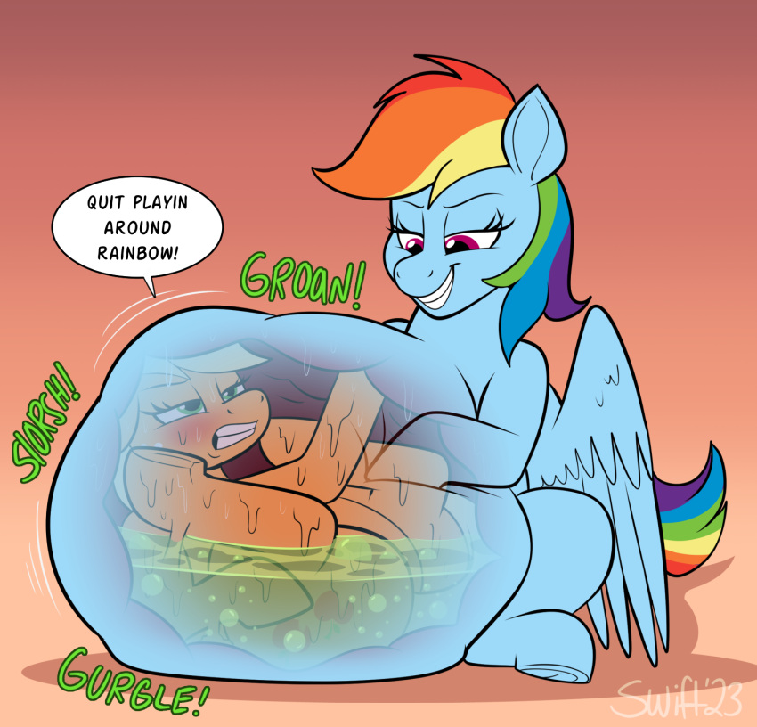 2023 applejack_(mlp) blonde_hair blue_body blue_feathers blush bodily_fluids bubble cutie_mark digital_media_(artwork) dipstick_ears earth_pony equid equine eyelashes feathered_wings feathers female female/female female_pred female_prey feral feral_pred feral_prey friendship_is_magic green_eyes hair half-closed_eyes hasbro hi_res hooves horse internal mammal melting multicolored_ears multicolored_hair multicolored_tail my_little_pony narrowed_eyes oral_vore orange_body organs pegasus pink_eyes pony rainbow_dash_(mlp) rainbow_hair rainbow_tail sound_effects stomach stomach_acid swiftsketchpone tail underhoof vore wings