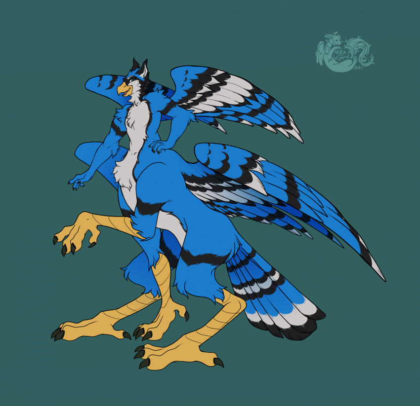 2023 4_toes 5_fingers avian avian_taur beak bird bird_taur black_body black_claws black_feathers black_finger_claws black_toe_claws blue_body blue_feathers blue_jay blue_jay_taur chest_tuft claws corvid digital_drawing_(artwork) digital_media_(artwork) digitigrade dipstick_feathers feathered_wings feathers feet finger_claws fingers flat_shading glistening green_background green_eyes hand_on_hip hi_res inner_ear_fluff jay_(bird) looking_at_viewer male markings multicolored_body multicolored_feathers new_world_jay nika_vizard nude_male nude_taur on_hind_legs oscine passerine quadruped simple_background solo spread_wings tail_feathers taur toe_claws toes tuft watermark white_body white_feathers wings yellow_beak yellow_body yellow_legs yellow_skin