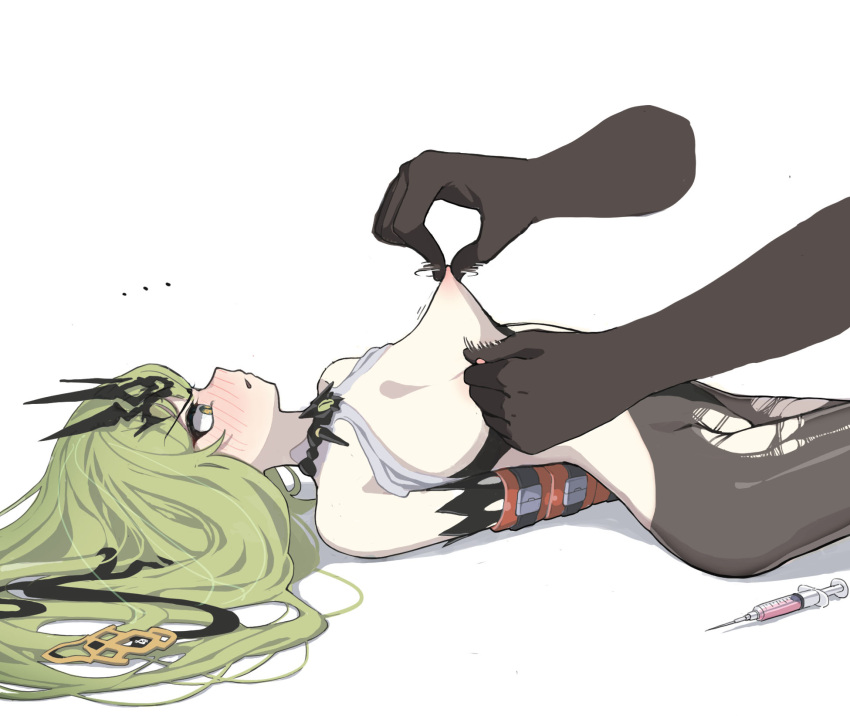 ... 1girl 1other bare_shoulders bdsm black_gloves black_pantyhose blush bondage bound breasts disembodied_limb dress elbow_gloves gloves goseumgoseumdochi green_eyes green_hair highres honkai_(series) honkai_impact_3rd long_hair lying mobius_(honkai_impact) nipples on_back open_mouth pantyhose restrained simple_background small_breasts solo_focus syringe torn_clothes torn_pantyhose v-shaped_eyebrows very_long_hair white_background white_dress