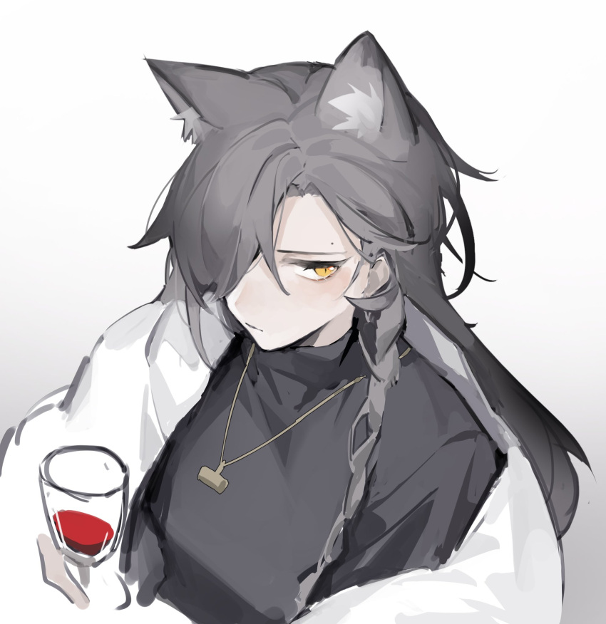 1girl akechi_(826988799) animal_ears arknights black_shirt braid closed_mouth coat cup drinking_glass from_above grey_hair hair_over_one_eye hair_slicked_back highres holding holding_cup jewelry long_hair mole_above_eye necklace official_alternate_costume penance_(arknights) shirt simple_background solo white_coat wine_glass wolf_ears wolf_girl yellow_eyes