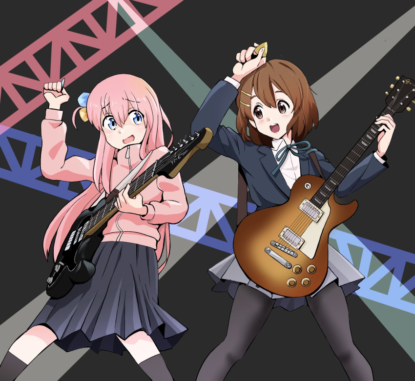 2girls black_background blue_eyes blue_jacket blue_skirt bocchi_the_rock! brown_eyes brown_hair crossover electric_guitar fieldpig gotou_hitori grey_skirt guitar hair_ornament highres hirasawa_yui holding holding_instrument holding_plectrum instrument jacket k-on! multiple_girls music nervous_smile pink_hair pink_jacket playing_instrument plectrum sakuragaoka_high_school_uniform school_uniform shirt skirt smile stage_lights track_jacket white_shirt