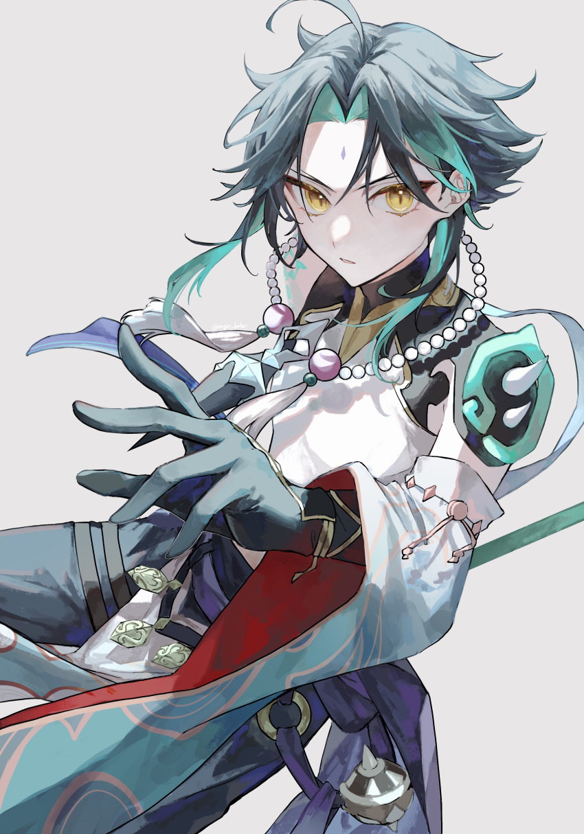 1boy absurdres aqua_hair armor bead_bracelet beads black_gloves blue_pants bracelet detached_sleeves facial_mark forehead_mark genshin_impact gloves highres jewelry looking_at_viewer male_focus nogi_(nokisaki) pants shirt short_hair shoulder_armor simple_background sleeveless sleeveless_shirt solo spikes white_background white_shirt wide_sleeves xiao_(genshin_impact) yellow_eyes