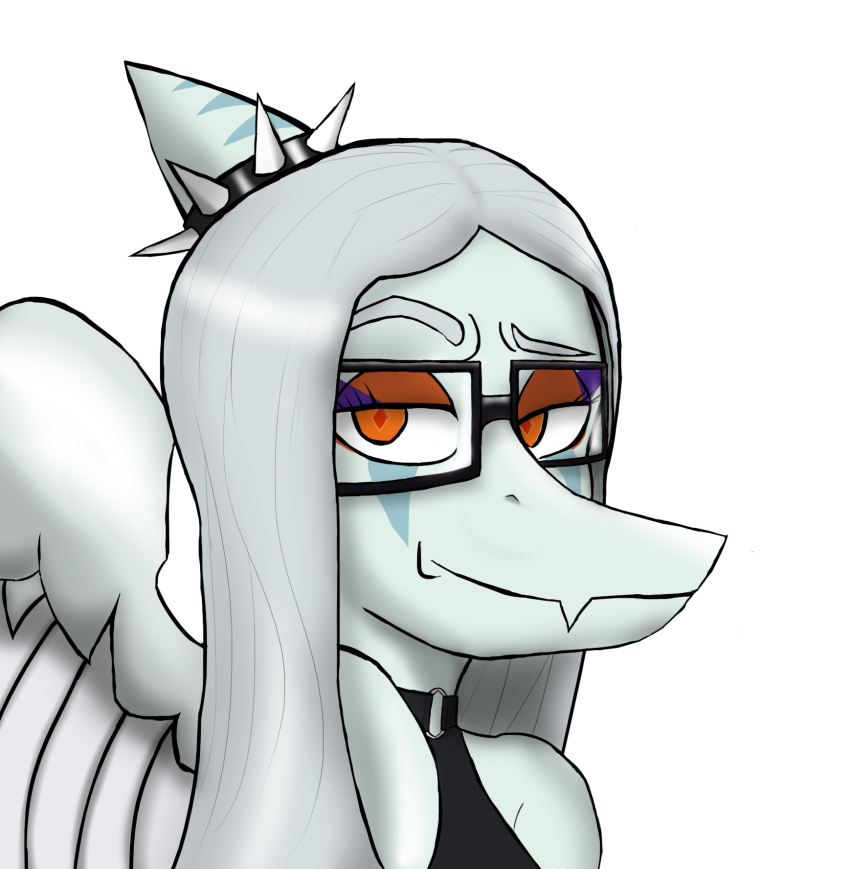 2023 alpha_channel amber_eyes anthro dialogue digital_drawing_(artwork) digital_media_(artwork) dinosaur ekzar eyelashes eyeliner eyewear fang_(gvh) feathered_wings feathers female glasses goodbye_volcano_high grey_body grey_scales hair halter_top hi_res long_hair looking_at_viewer makeup pterodactylus pterosaur reptile scales scalie silver_hair simple_background smile smug smug_face snoot_game_(fan_game) snout solo talking_to_viewer text transparent_background white_background wings