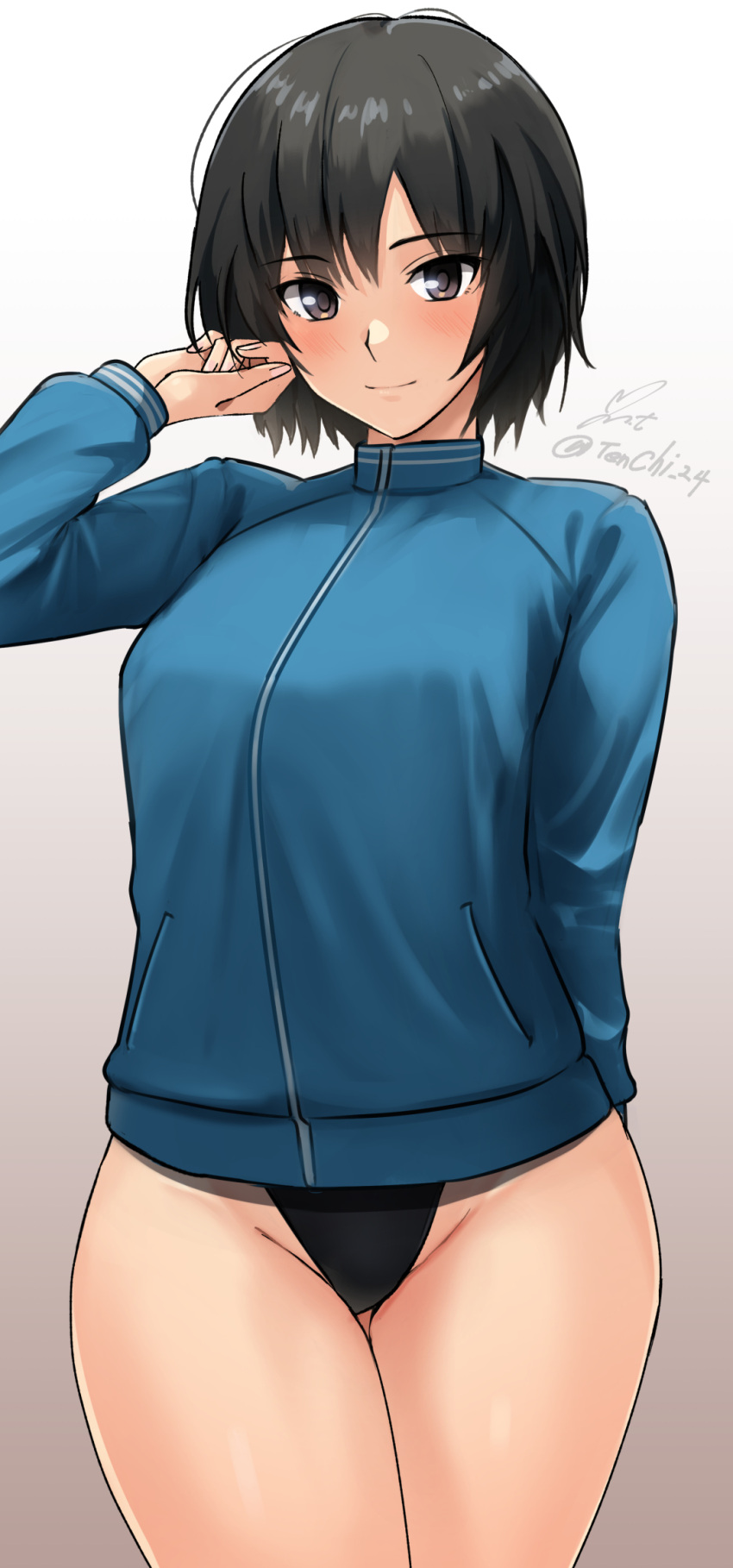 1girl amagami black_eyes black_hair blue_jacket closed_mouth cowboy_shot gradient_background groin hand_up highres jacket light_blush long_sleeves looking_at_viewer nanasaki_ai revision short_hair signature smile solo swimsuit swimsuit_under_clothes track_jacket twitter_username yoo_tenchi