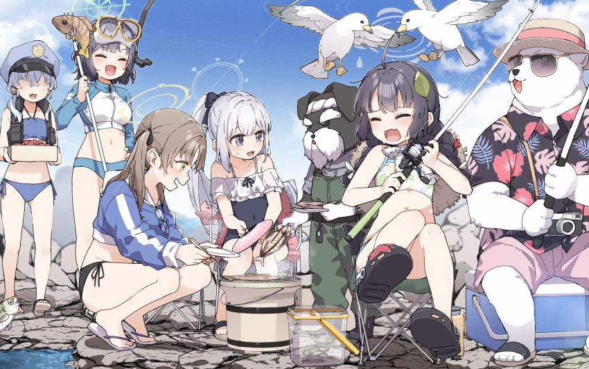 5girls :d ^_^ absurdres ahoge animal bare_arms bare_shoulders bikini bird black_bikini black_bow black_footwear black_hair black_one-piece_swimsuit black_shirt blue_archive blue_bikini blue_headwear blue_hoodie blue_sky blush bow braid breasts brown_eyes brown_hair brown_headwear camera camera_around_neck closed_eyes cloud collared_shirt commentary_request cooking covered_navel crocs day diving_mask diving_mask_on_head dog dress_shirt extra faceless faceless_female fang fish fishing_line fishing_rod frilled_one-piece_swimsuit frills goggles goggles_on_head grey_eyes grey_hair grey_shirt grill grilling hair_bow halo hand_fan hat hat_around_neck hawaiian_shirt highres holding holding_fishing_rod holding_plate hood hood_down hoodie leaf leaf_on_head leaf_print long_hair low_twintails medium_breasts miyako_(blue_archive) miyako_(swimsuit)_(blue_archive) miyu_(blue_archive) miyu_(swimsuit)_(blue_archive) moe_(blue_archive) moe_(swimsuit)_(blue_archive) multiple_girls navel off-shoulder_one-piece_swimsuit off_shoulder one-piece_swimsuit outdoors overalls paper_fan peaked_cap pink_shorts plate polearm ponytail print_bikini saki_(blue_archive) saki_(swimsuit)_(blue_archive) sandals seagull shichirin shirt shorts side-tie_bikini_bottom side_ponytail sitting sky smile snorkel squatting starfish straw_hat sunglasses swimsuit trident twin_braids twintails uchiwa valkyrie_police_academy_student very_long_hair water weapon white_bikini white_footwear yukie_(kusaka_shi)