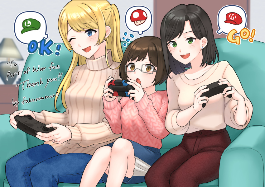 3girls absurdres black_hair blonde_hair blue_eyes brown_eyes brown_hair commission couch fukuroumori glasses green_eyes highres jewelry lamp long_hair mario_(series) mario_party mother_and_daughter multiple_girls nintendo_switch on_couch original pale_skin ring short_hair skeb_commission sweater wedding_ring wife_and_wife yuri