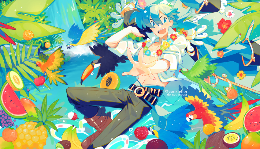 1boy absurdres artist_name banana bird black_pants blue_eyes blue_hair collarbone constellor flower food fruit grapes highres looking_at_viewer navel open_clothes open_shirt original pants pineapple shirt short_hair solo toucan water waterfall watermark white_shirt