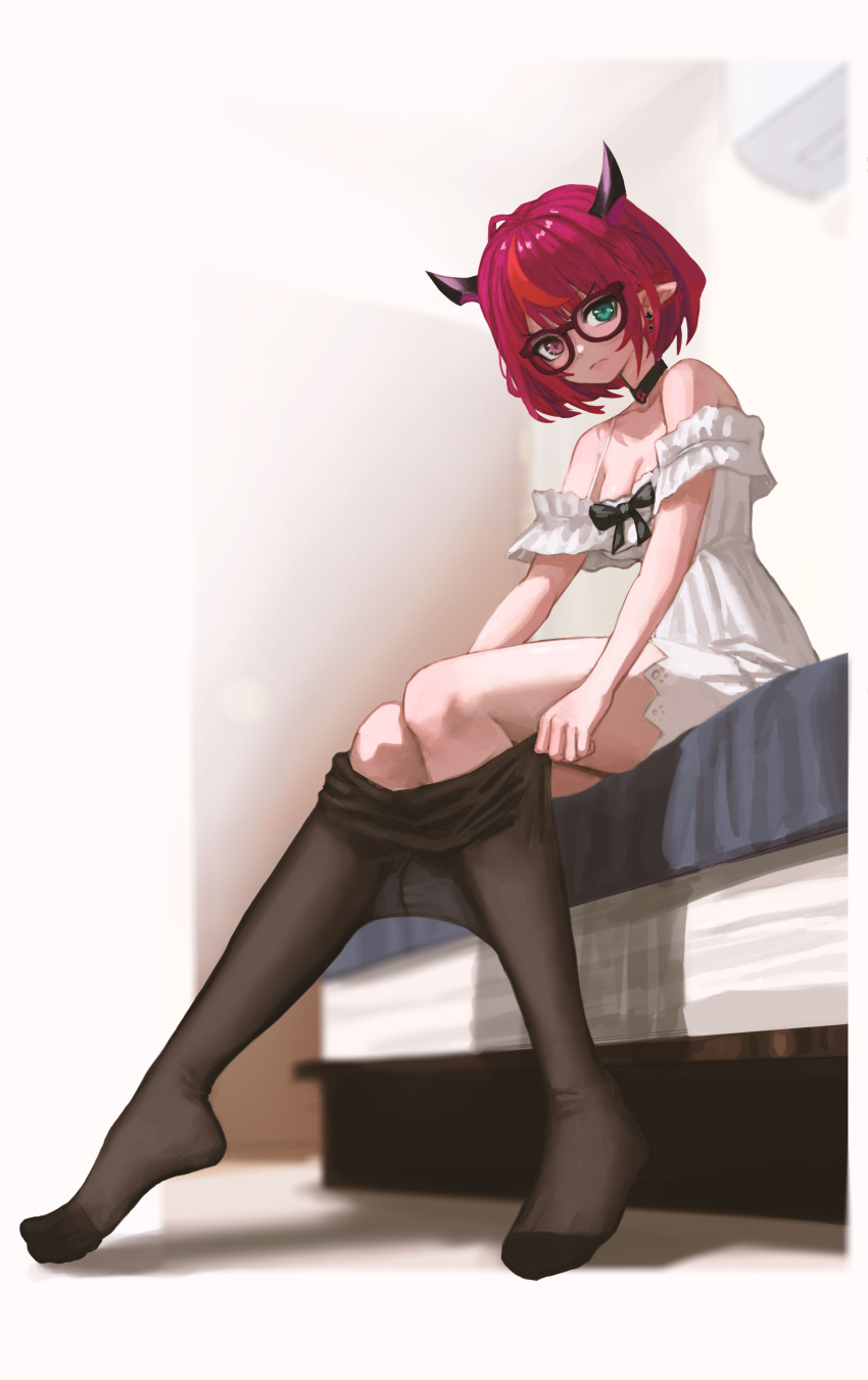 1girl absurdres bed blue_eyes breasts choker cleavage dress earrings failose glasses heterochromia highres hololive hololive_english horns irys_(3rd_costume)_(hololive) irys_(hololive) jewelry looking_at_viewer pantyhose pink_eyes pointy_ears red_hair short_hair sitting solo virtual_youtuber white_dress