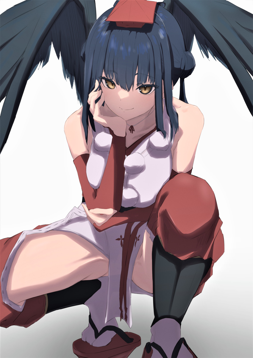 1girl absurdres bare_shoulders black_hair black_wings blue_hair breasts bridal_gauntlets closed_mouth detached_pants double_bun elbow_gloves feathered_wings geta gloves hair_between_eyes hair_bun hand_on_own_cheek hand_on_own_face hat highres japanese_clothes kaekae_kaeru kimono large_breasts long_hair looking_at_viewer nijisanji obi pom_pom_(clothes) red_gloves red_headwear sash shin_guards sidelocks simple_background sleeveless sleeveless_kimono smile solo spread_legs squatting tabi tengu tokin_hat twintails virtual_youtuber white_background white_kimono wings yamagami_karuta yellow_eyes