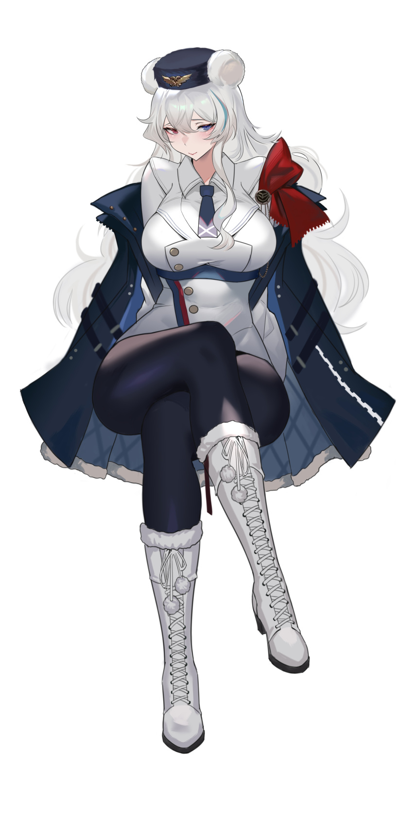 1girl absurdres animal_ears arknights bear_ears black_pants blue_cape blue_eyes blue_headwear blue_necktie boots breasts cape chong_(547342983) commentary_request cross-laced_footwear crossed_legs hair_between_eyes heterochromia highres invisible_chair jacket lace-up_boots large_breasts leggings long_hair looking_at_viewer necktie off_shoulder pants red_eyes rosa_(arknights) simple_background sitting smile solo thighs very_long_hair white_background white_footwear white_hair white_jacket