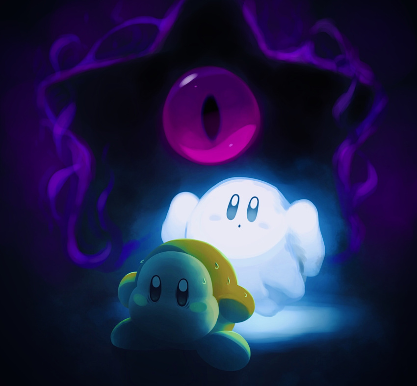 blush_stickers commentary_request dark dark_nebula ghost ghost_kirby highres kirby kirby_(series) kirby_squeak_squad no_humans one-eyed solid_oval_eyes suyasuyabi sweat waddle_dee