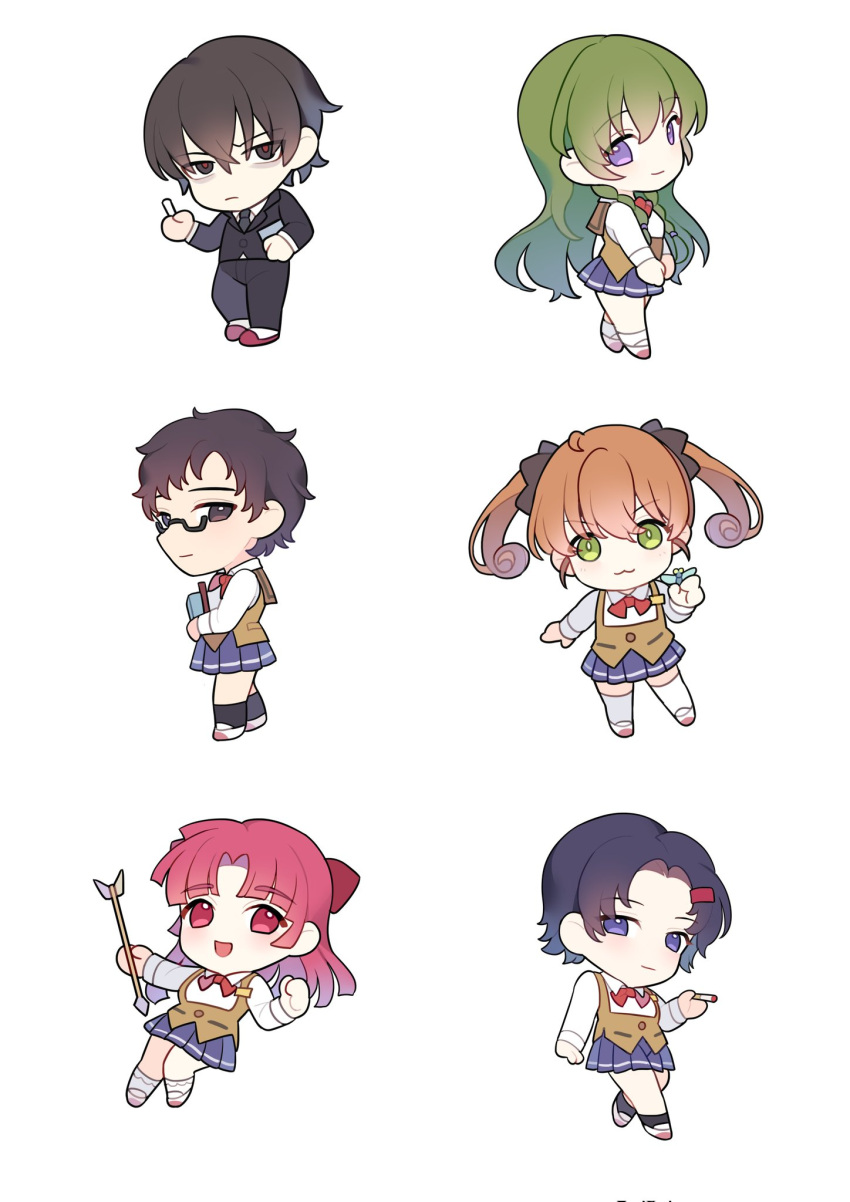 1boy 5girls :3 arrow_(projectile) black_eyes black_hair black_suit blue_skirt braid brown_hair chalk chibi cigarette collared_shirt formal glasses green_eyes green_hair hair_ornament hair_ribbon hairclip highres hitomi_hirosuke_(sayonara_wo_oshiete) long_hair may_(2747513627) meguro_miyuki multiple_girls neck_ribbon pink_eyes pink_hair pleated_skirt purple_eyes red_pupils red_ribbon ribbon sayonara_wo_oshiete school_uniform shirt short_hair side_braids simple_background skirt sugamo_mutsuki suit takada_nozomi tamachi_mahiru twintails ueno_koyori vest white_background white_shirt