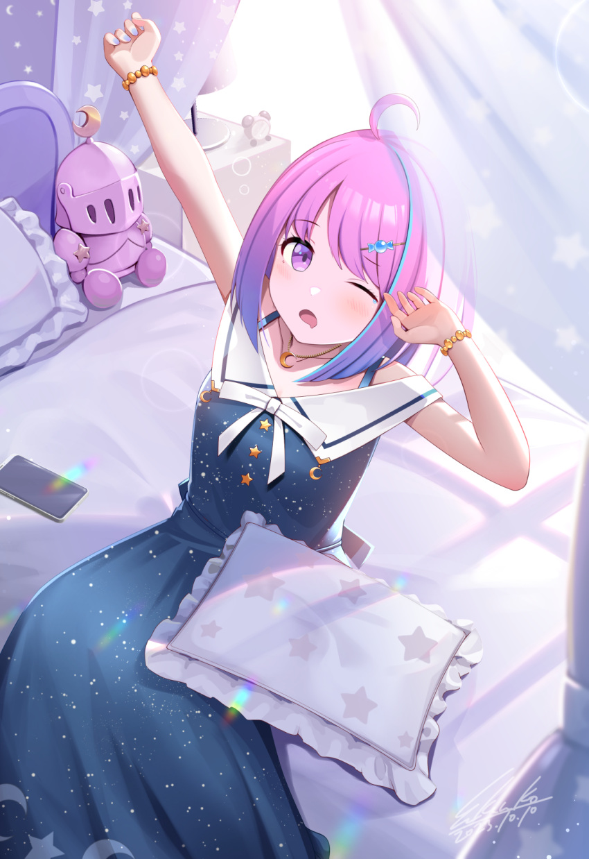 1girl ahoge alarm_clock arm_up blue_dress blue_hair blue_nails blush candy_hair_ornament cellphone clock crescent_necklace desk desk_lamp dress food-themed_hair_ornament hair_ornament highres himemori_luna himemori_luna_(3rd_costume) hololive jewelry kenko_(a143016) lamp looking_at_viewer luknight_(himemori_luna) medium_hair multicolored_hair nail_polish necklace official_alternate_costume one_eye_closed open_mouth phone pillow pink_hair purple_eyes short_dress sleeveless sleeveless_dress smartphone starry_sky_print streaked_hair stretching virtual_youtuber waking_up