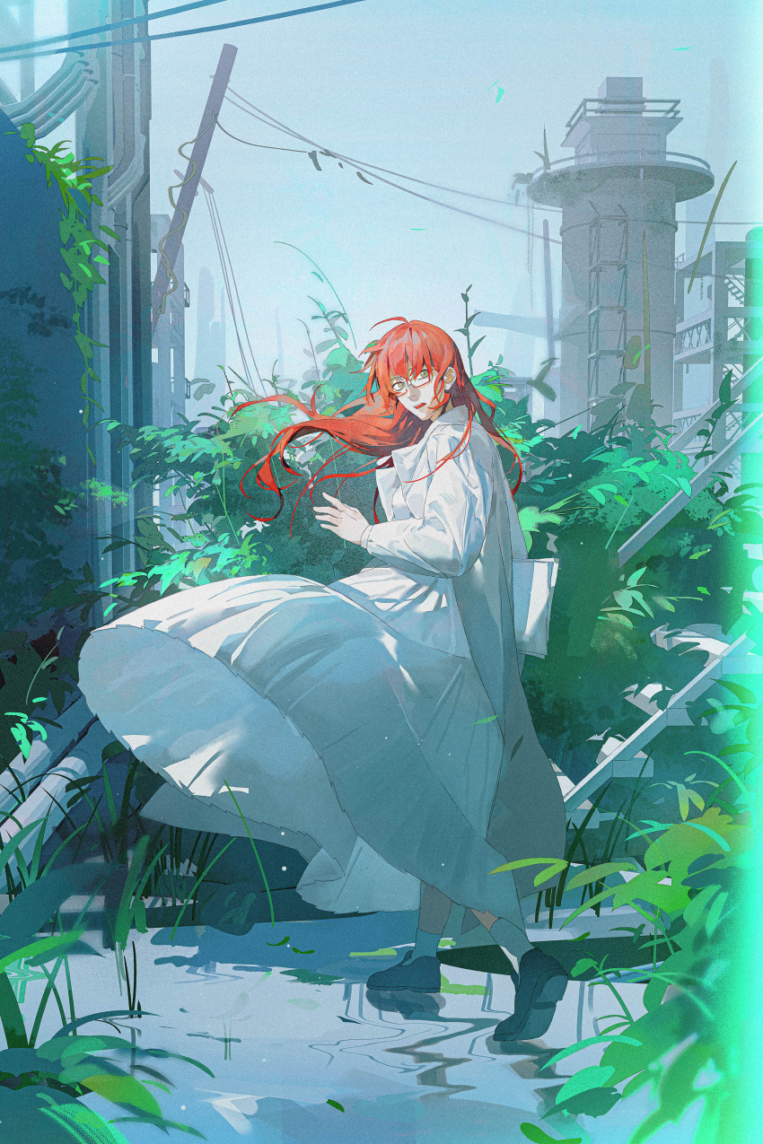 1girl absurdres brown_eyes dress full_body glasses highres kneehighs long_sleeves looking_at_viewer looking_to_the_side open_mouth original red-framed_eyewear red_hair socks solo stairs teeth upper_teeth_only vegetation wangan wet_floor white_dress white_socks