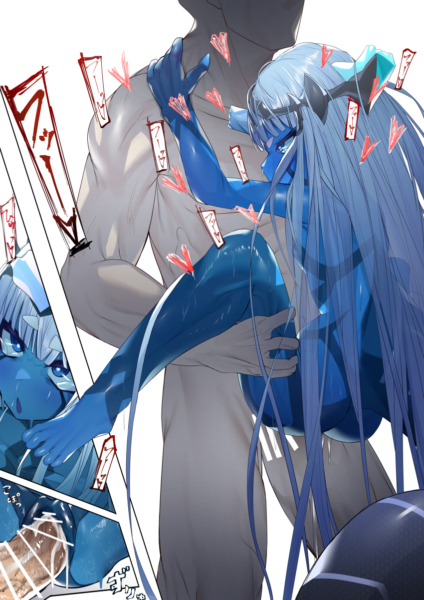&lt;3 absurd_res ahegao big_penis big_tail blue_body blue_eyes blue_skin blush bodily_fluids breasts butt censored cum cum_in_pussy cum_inside darling_in_the_franxx ejaculation female female_on_human genital_fluids genitals hair hi_res horn human human_on_humanoid human_penetrating human_penetrating_humanoid humanoid humanoid_penetrated interspecies keimo klaxosaur_princess long_hair long_tail looking_pleasured mammal messy_hair monster_girl_(genre) not_furry nude penetration penis pussy sex simple_background small_breasts stand_and_carry_position standing standing_sex studio_trigger tail tears vaginal vaginal_penetration white_background white_hair
