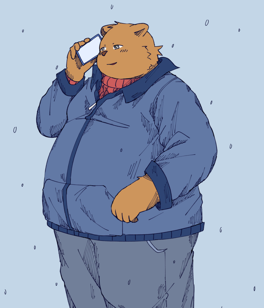 2023 absurd_res anthro bari_mu bear belly big_belly bottomwear brown_body cellphone clothing hi_res kemono male mammal overweight overweight_male pants phone simple_background smartphone solo sweater topwear