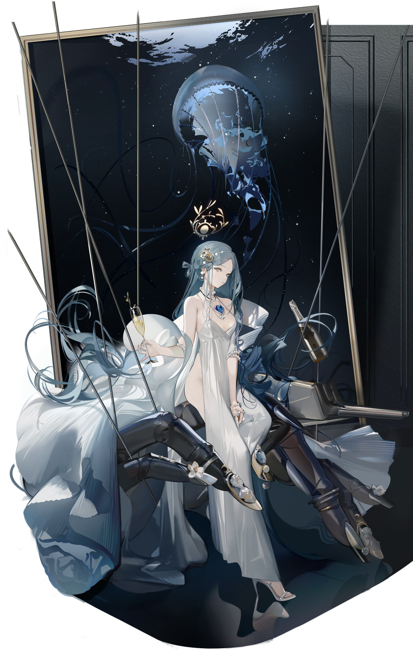 1girl absurdres azur_lane bare_shoulders blue_hair breasts cannon champagne_(adulation_eternal)_(azur_lane) champagne_(azur_lane) champagne_bottle champagne_flute cleavage closed_mouth coat collarbone copyright cup dress drinking_glass earrings evening_gown flower full_body gem hair_ornament halo halter_dress halterneck high_heels highres holding holding_cup jellyfish jewelry logo long_dress long_hair long_legs looking_at_viewer mechanical_arms mechanical_halo necklace nineo no_bra no_panties non-web_source official_alternate_costume official_art parted_bangs puppet_strings rigging ring side_slit sitting sleeveless sleeveless_dress small_breasts solo standing stiletto_heels turret very_long_hair weapon wedding_dress wedding_ring white_dress white_footwear