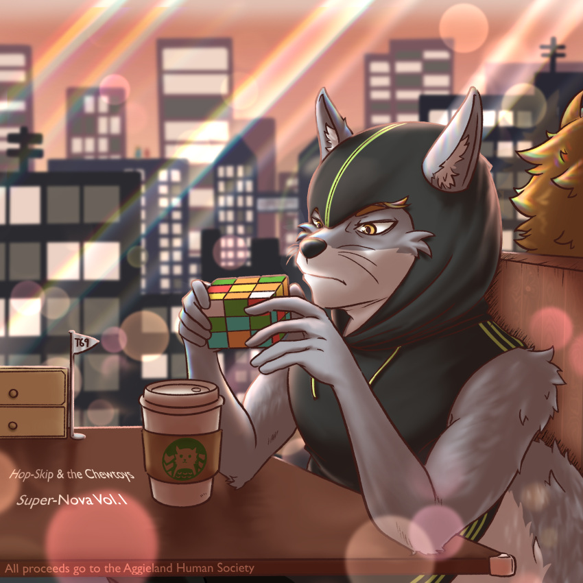 2023 absurd_res anthro beverage cafe canid canine city cityscape clothed clothing coffee colored corsac_fox digital_media_(artwork) duo english_text fluffy fox fully_clothed fur furniture grey_body grey_fur hi_res holding_object hood inside looking_at_object male mammal mnesis playing public rubik's_cube sitting sleeveless_hoodie solo_focus super-nova swaggy_tamago table tail text window