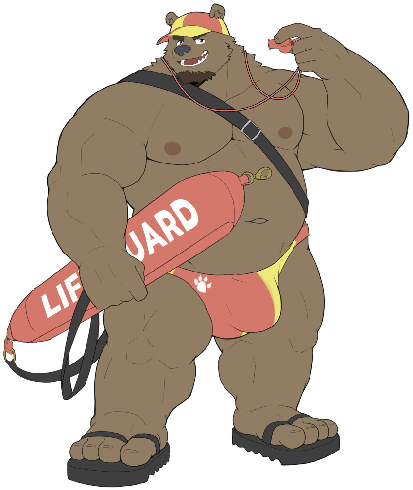 2023 absurd_res anthro bear belly black_nose brown_body bulge clothing hat headgear headwear hi_res humanoid_hands kemono lifeguard male mammal moobs musclegut navel nipples overweight overweight_male simple_background solo swimwear yuuuki_desu