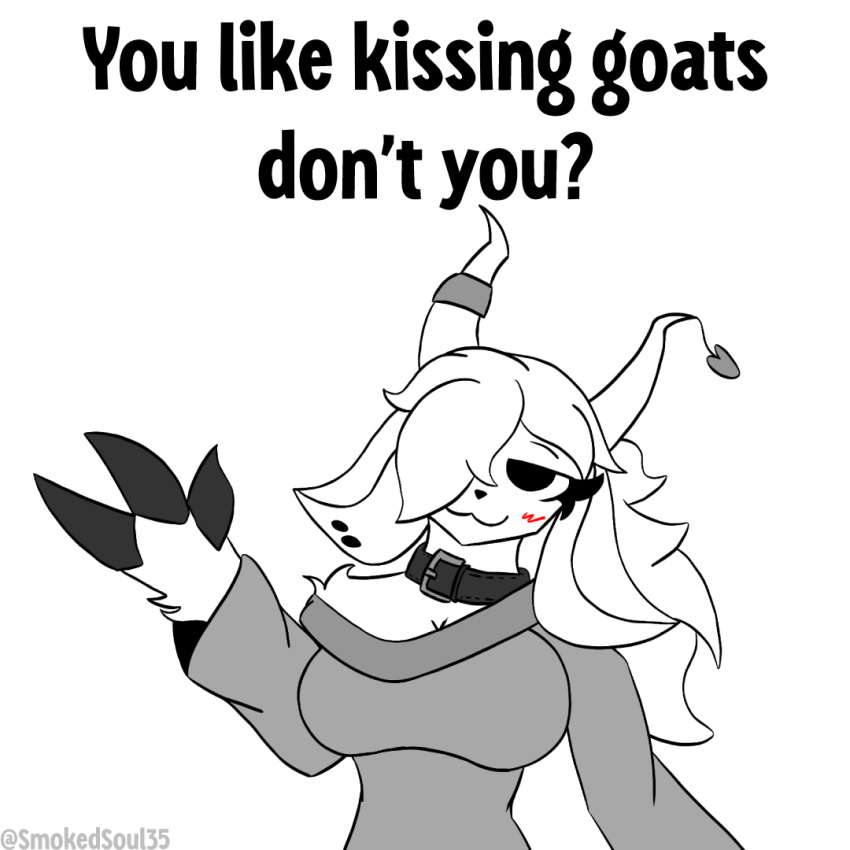 anthro blush bovid boy_kisser_(meme) caprine clothed clothing digital_media_(artwork) ear_piercing english_text female fur goat hair horn looking_at_viewer mammal piercing pose simple_background smile smoked_goat smokedsoul35 solo standing text topwear white_background white_body white_fur
