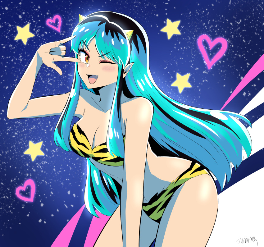 1girl absurdres animal_print bare_legs bare_shoulders bikini blue_hair breasts collarbone eyeshadow fang gegegekman hand_gesture hand_out_of_frame heart highres horns leaning_forward long_hair looking_at_viewer lum makeup medium_breasts one_eye_closed oni_horns open_mouth oshi_no_ko pointy_ears print_bikini solo star_(symbol) stomach swimsuit tiger_stripes urusei_yatsura yellow_eyes