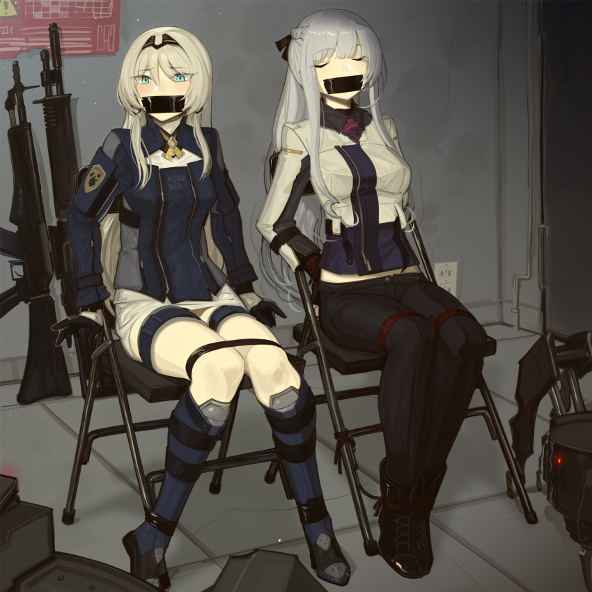 2girls ak-12 ak-12_(girls'_frontline) an-94 an-94_(girls'_frontline) assault_rifle black_gloves blonde_hair braid breasts cad_(caddo) electrical_outlet french_braid gag girls'_frontline gloves green_eyes grey_hair gun highres improvised_gag kalashnikov_rifle long_hair long_sleeves magazine_(weapon) medium_breasts multiple_girls restrained rifle sidelocks sitting tape tape_gag unconscious weapon