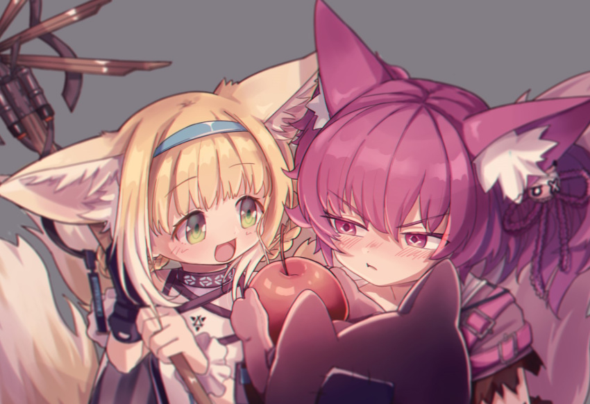 2girls :d animal_ear_fluff animal_ears apple arknights blonde_hair blue_hairband blush braid braided_hair_rings closed_mouth commentary_request food fox_ears fox_girl fox_tail fruit green_eyes grey_background hair_ornament hair_rings hairband highres holding holding_food holding_fruit holding_staff infection_monitor_(arknights) lolitamomoya morte_(arknights) multiple_girls multiple_tails open_mouth pout purple_eyes purple_hair shamare_(arknights) short_hair simple_background smile staff stuffed_wolf suzuran_(arknights) tail twintails upper_body