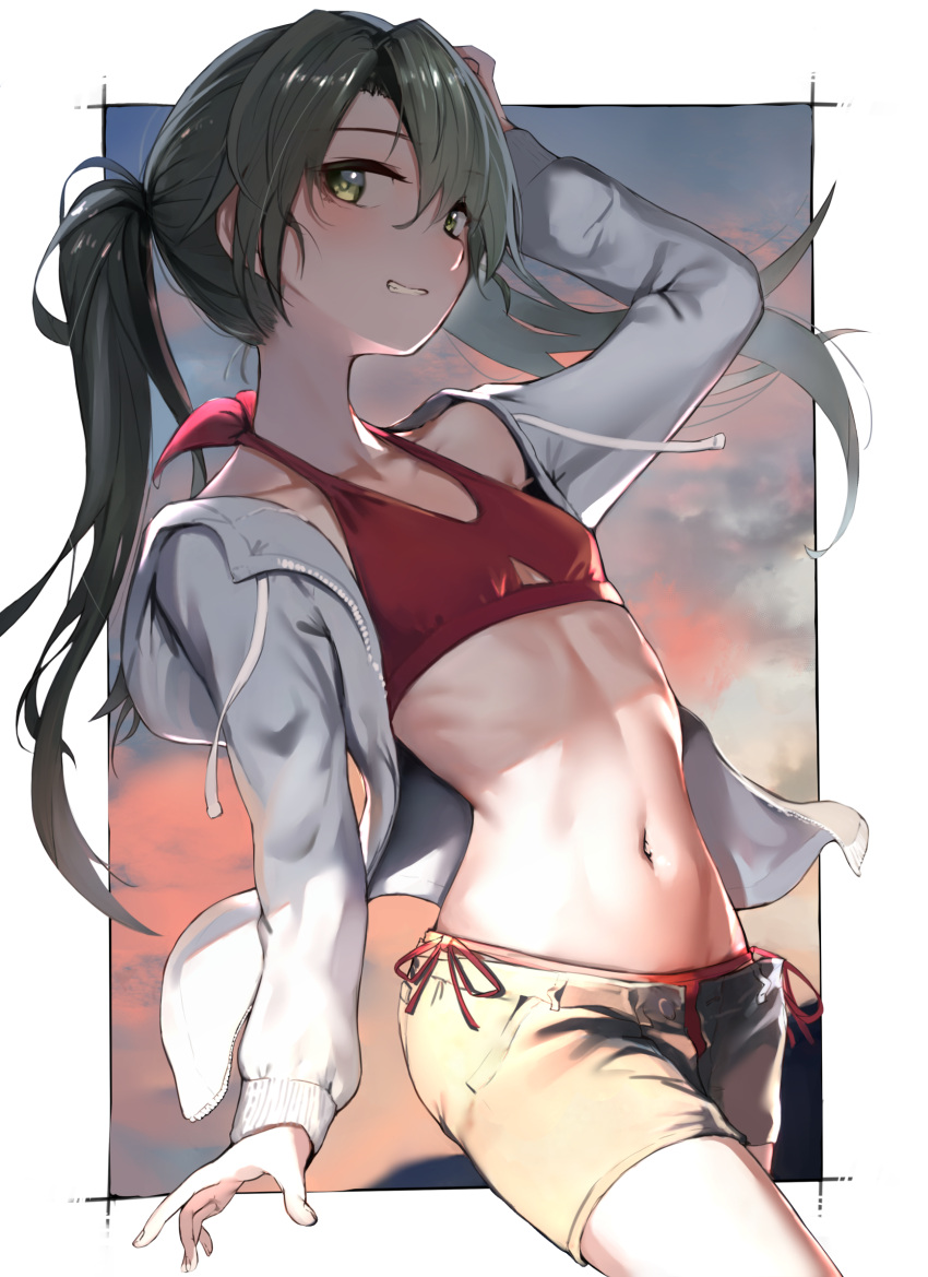 1girl bikini blush breasts casual commentary_request cowboy_shot framed_image from_side green_eyes grey_hair grin hair_over_one_eye hand_on_own_head hand_up highres hip_focus hood hood_down hoodie kabayaki_namazu kantai_collection leaning_back long_hair long_sleeves looking_at_viewer midriff navel open_clothes open_hoodie outdoors red_bikini short_shorts shorts side-tie_bikini_bottom small_breasts smile solo stomach swimsuit thighs twintails unzipped very_long_hair white_hoodie zuikaku_(kancolle)