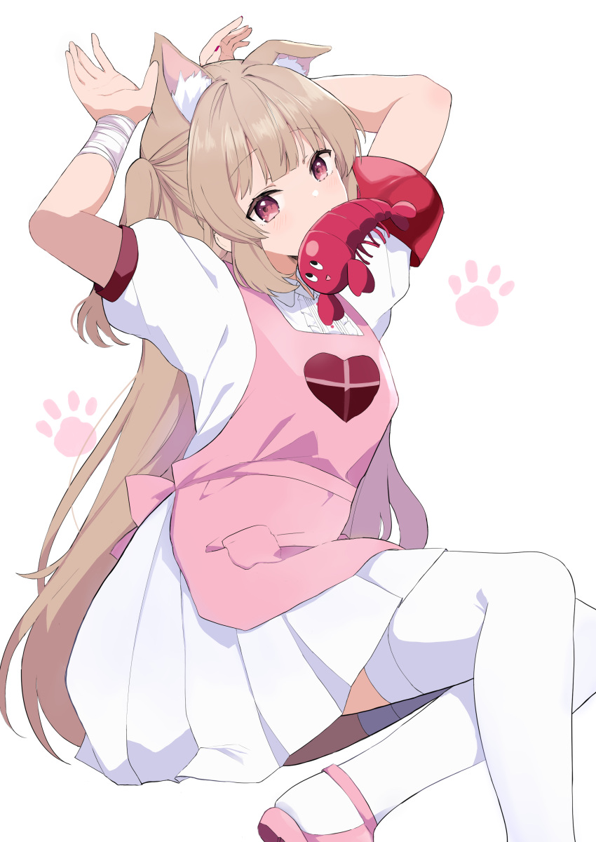 1girl absurdres animal_ears apron arms_up bandaged_wrist bandages cat_ears center_frills collared_dress commentary_request dress frills heart heart_print highres honezu light_brown_hair long_hair looking_at_viewer mouth_hold natori_sana pink_apron pink_footwear pocket puffy_short_sleeves puffy_sleeves red_eyes sana_channel short_sleeves shrimp simple_background sitting slippers solo thighhighs two_side_up very_long_hair virtual_youtuber white_background white_dress white_thighhighs