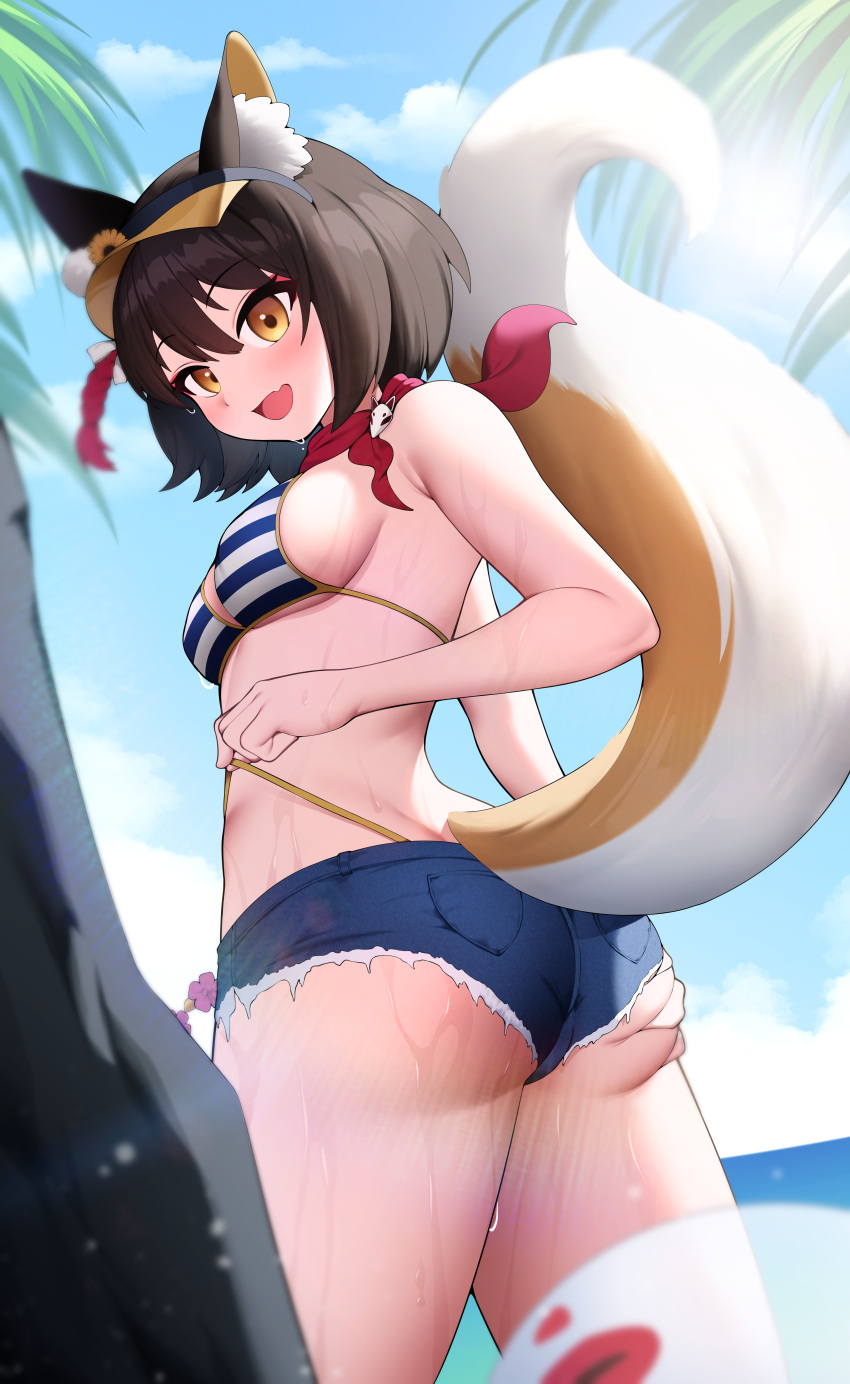 1girl absurdres animal_ears ass bikini black_hair blue_archive blue_shorts bluerabbit_gap blush breasts day eyeshadow fox_ears fox_tail highres izuna_(blue_archive) izuna_(swimsuit)_(blue_archive) looking_at_viewer makeup no_halo ocean official_alternate_costume open_mouth outdoors red_eyeshadow short_hair short_shorts shorts small_breasts smile solo striped striped_bikini swimsuit tail twisted_torso wet yellow_eyes