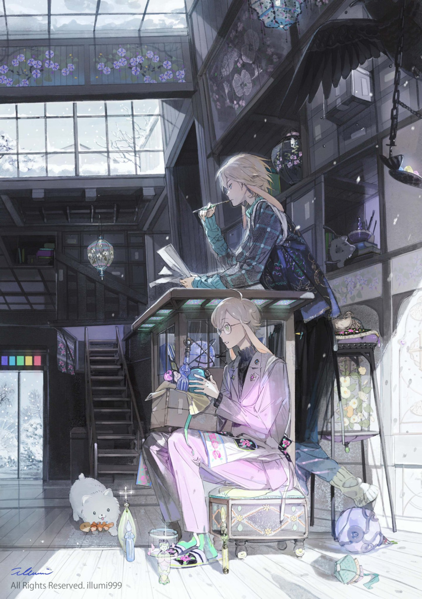 2boys animal animal_ears artist_name blonde_hair blue_eyes box cat chair decorations desk earrings flower glasses green_eyes hair_between_eyes highres holding illumi999 jewelry lamp multiple_boys open_mouth original paper pen petals pillow pink_suit rabbit signature sitting snow socks stairs standing suit thinking window wooden_floor