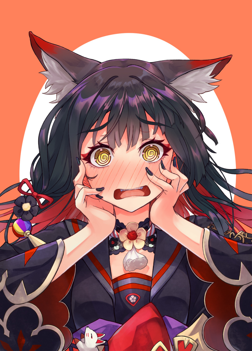 1girl @_@ animal_ear_fluff animal_ears black_hair black_kimono black_nails blue_archive blush colored_inner_hair commentary_request embarrassed fox_ears fox_girl full-face_blush hair_ribbon hands_on_own_cheeks hands_on_own_face highres japanese_clothes kimono long_hair long_sleeves multicolored_hair nail_polish open_mouth red_hair red_ribbon ribbon shibuya_susano solo straight-on two-tone_hair upper_body wakamo_(blue_archive) wide_sleeves yellow_eyes