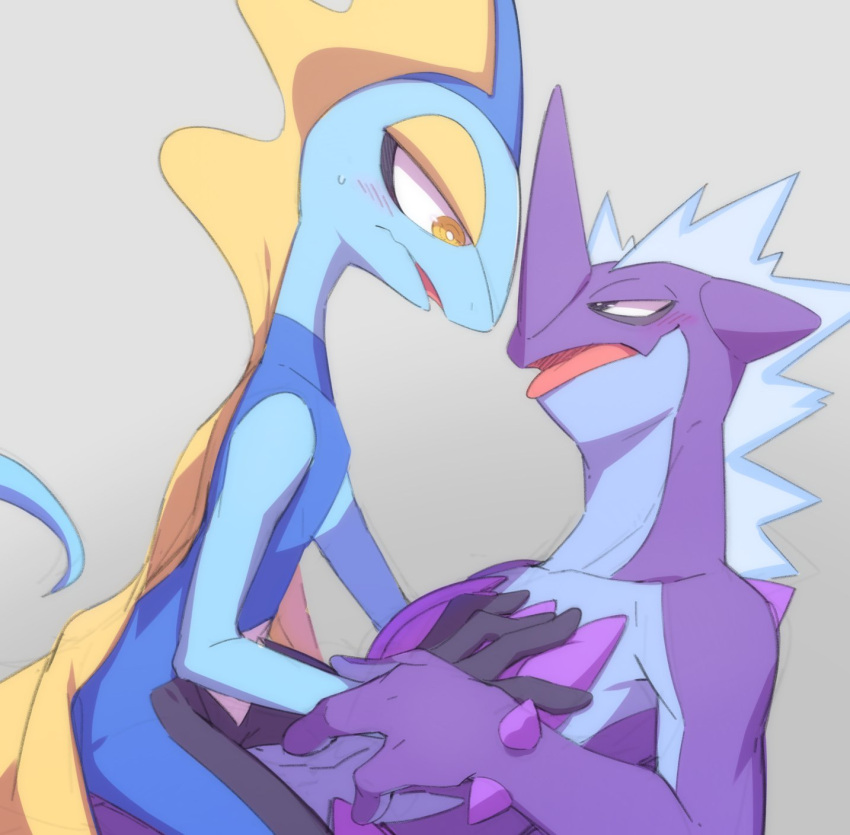 ambiguous_gender anthro blush duo face-to-face feral generation_8_pokemon grabbing_wrist hand_on_chest hi_res inteleon low_key_toxtricity male male/male nintendo on_lap pokemon pokemon_(species) remmus_d sitting_on_another sitting_on_lap toxtricity