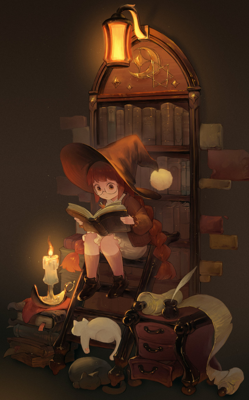 1girl absurdres black_cat bloomers book bookmark bookshelf boots braid brown_eyes brown_footwear brown_jacket brown_socks cabinet candle cat closed_mouth collared_shirt glasses hat highres holding holding_book inkwell jacket kneehighs ladder lamp original p_(pm_611a) quill reading red_hair scroll shirt sidelocks sitting sleeping socks solo twin_braids underwear white_bloomers white_cat white_shirt witch witch_hat wooden_ladder