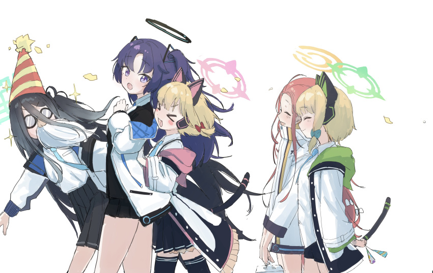 &gt;_&lt; 5girls :d animal_ear_headphones animal_ears aris_(blue_archive) black_skirt black_thighhighs blonde_hair blue_archive blue_hair blue_necktie bow cat_ear_headphones cat_tail closed_eyes collared_shirt commentary_request dark_blue_hair fake_animal_ears fake_facial_hair fake_mustache fake_nose formal frilled_jacket frills funny_glasses game_development_department_(blue_archive) glasses green_bow hair_between_eyes hair_bow halo hat headphones highres holding_party_popper hood hooded_jacket jacket long_hair medium_hair midori_(blue_archive) miniskirt momoi_(blue_archive) multicolored_clothes multicolored_jacket multiple_girls necktie no_gloves off_shoulder one_side_up open_clothes open_jacket parted_bangs party_hat party_popper pleated_skirt purple_eyes purple_hair pushing red_bow red_hair shirt shorts siblings sidelocks simple_background sisters skirt smile suit suspenders syupon tail thighhighs twins very_long_hair white_background white_jacket white_shirt wide_sleeves xd yuuka_(blue_archive) yuzu_(blue_archive)