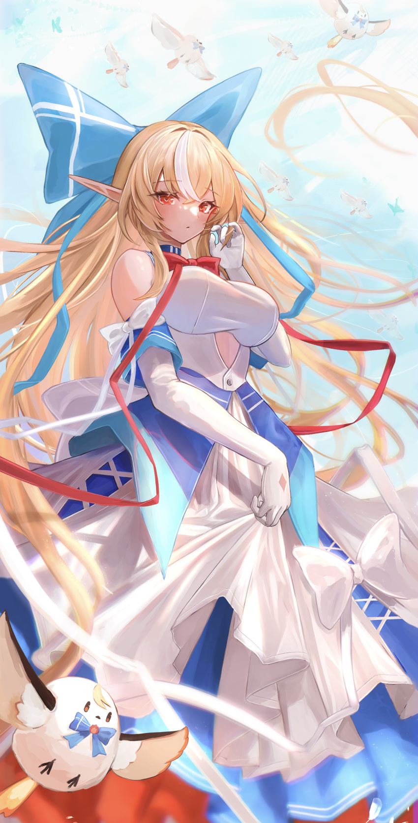 1girl absurdly_long_hair absurdres blonde_hair blush bow breasts cleavage dark-skinned_female dark_elf dark_skin detached_sleeves elf elfriend_(shiranui_flare) gloves hair_bow highres hololive large_breasts long_hair long_pointy_ears long_sleeves looking_at_viewer maison_de_cante multicolored_hair open_mouth pointy_ears red_eyes shiranui_flare shiranui_flare_(1st_costume) skirt solo streaked_hair very_long_hair virtual_youtuber