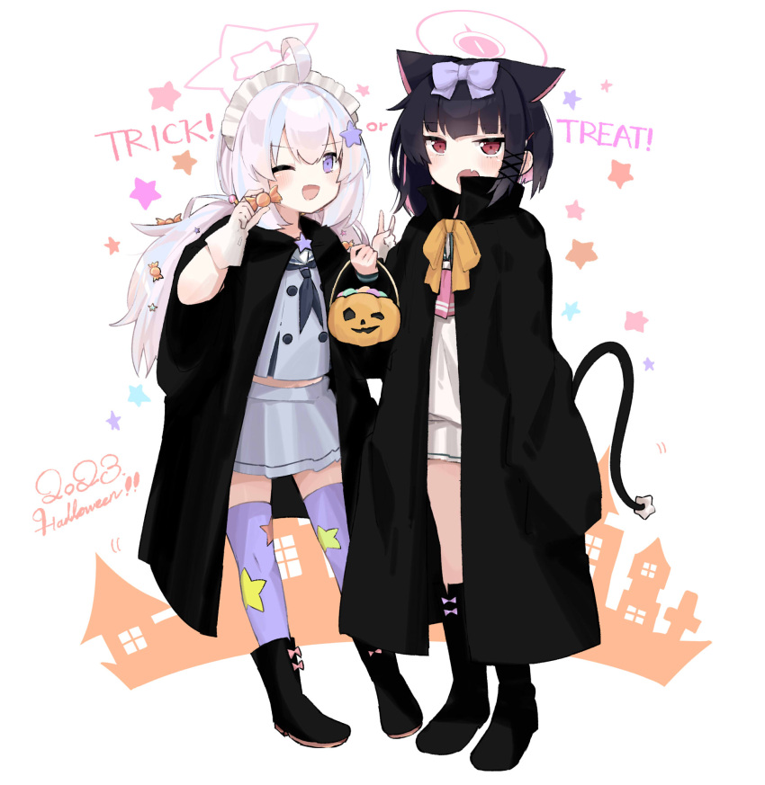 2girls ahoge animal_ears black_cape black_footwear black_hair black_neckerchief blue_archive boots candy cape cat_ears cat_tail colored_inner_hair fang food gloves grey_serafuku grey_skirt hair_ornament halloween halloween_costume halo highres holding holding_candy holding_food kazusa_(blue_archive) long_hair looking_at_viewer maikuro motion_lines multicolored_hair multiple_girls neckerchief one_eye_closed open_mouth pink_hair pink_halo purple_eyes purple_hair purple_thighhighs red_eyes reisa_(blue_archive) sailor_collar school_uniform serafuku short_hair skin_fang skirt smile star_(symbol) star_hair_ornament star_print tail thighhighs trick_or_treat twintails white_background white_gloves white_sailor_collar