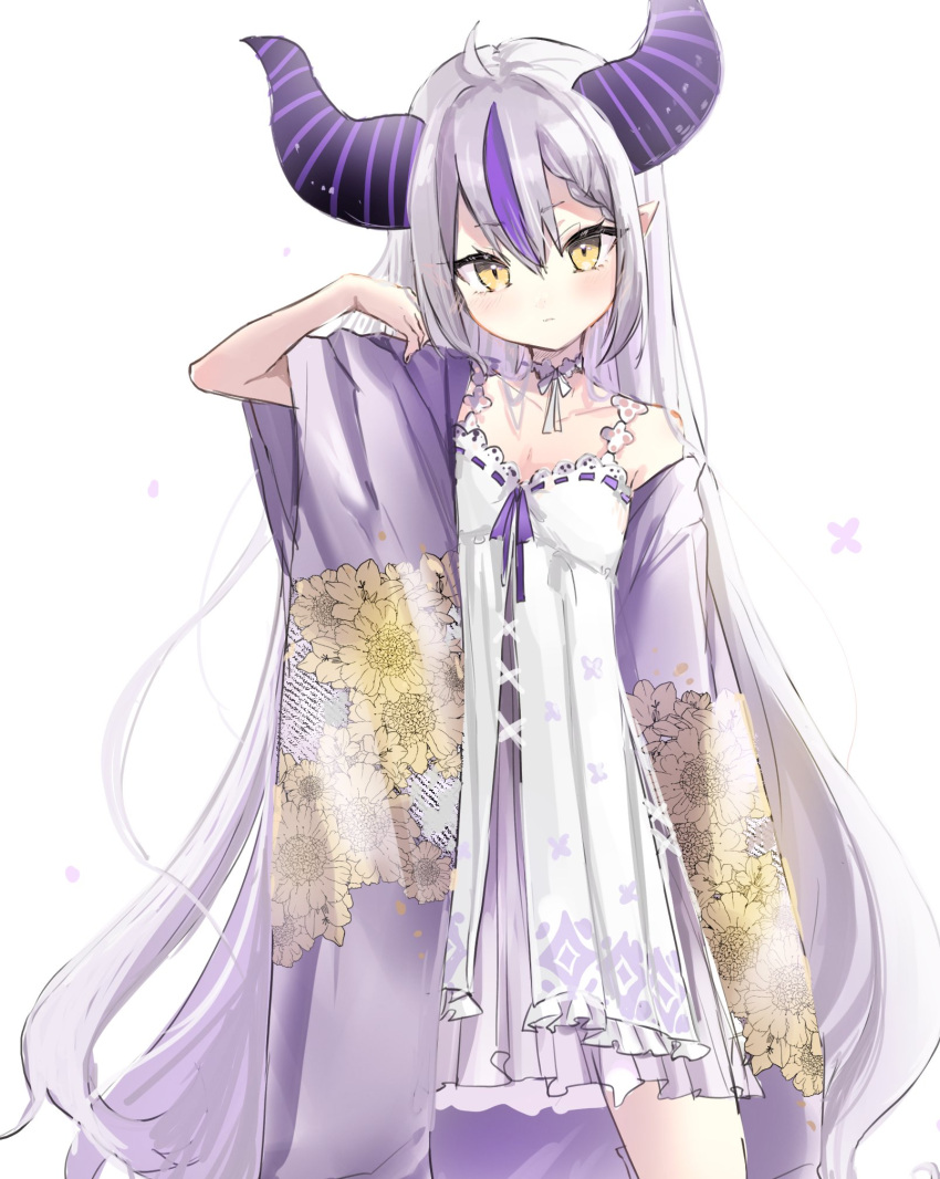 1girl ahoge akebisousaku black_horns braid braided_bangs dress frilled_dress frills grey_hair highres hololive horns la+_darknesss long_hair multicolored_hair pointy_ears purple_hair streaked_hair striped_horns yellow_eyes